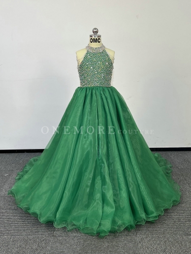 Green Organza Pageant Gown with Stoned Top