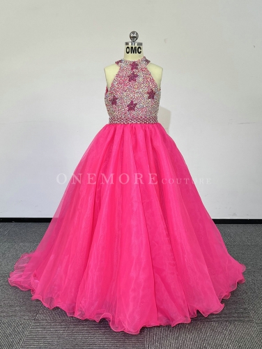Hot Pink Beaded Pageant Gown with Keyhole Back